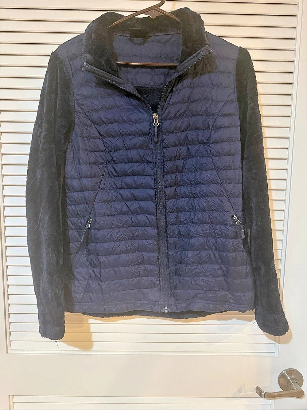 Women’s Navy Mixed Media Puffer Plush Fleece Jacket Size M
